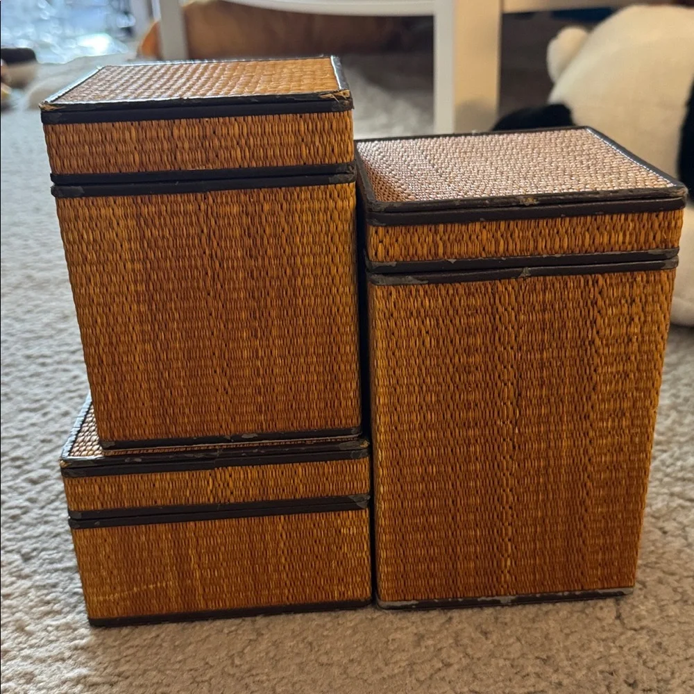Woven Tan Storage Boxes set from Restoration hardware (tall, medium and short)